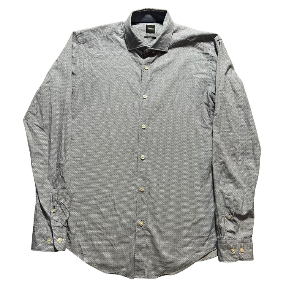 BOSS Hugo Boss Button Down Mens Medium Blue Slim Fit Micro Print Long Sleeve